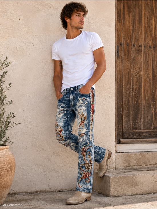 smoke rise ny Other - SmokeRise Men’s Distressed Tapestry Jeans BlueToast Embroidered Graphic W30 NWOT